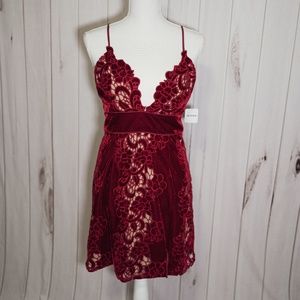 Free People Party Beige Dress with Red Velvet-Like Overlay - L - NWT